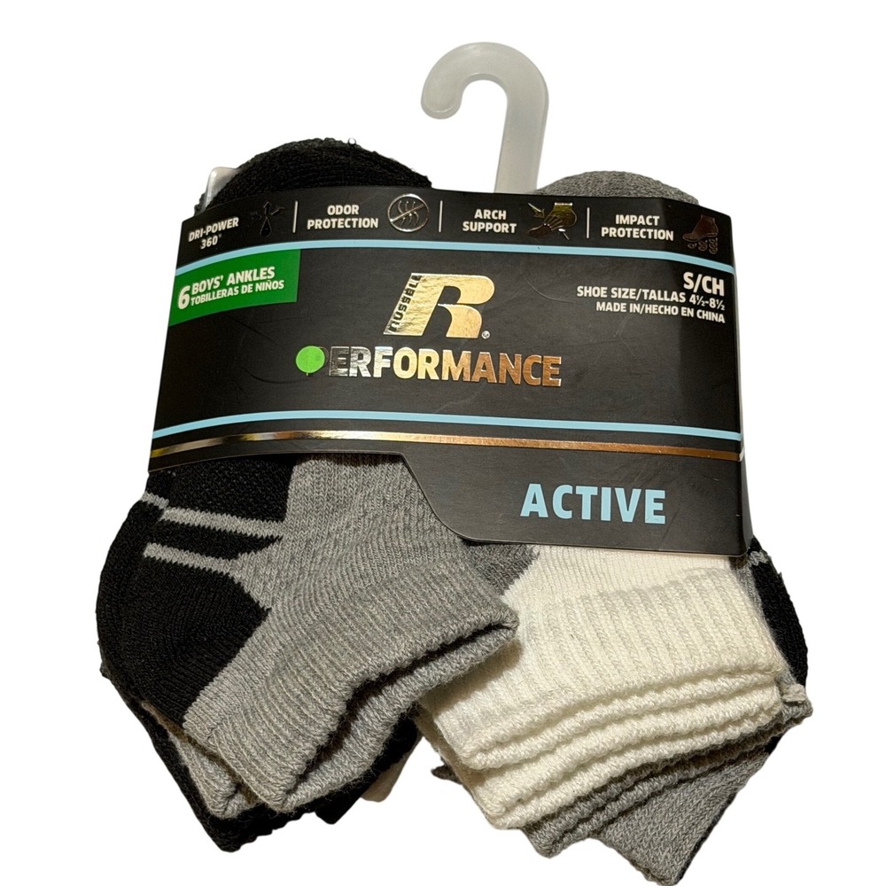 Russell Performance Boys‎ Ankle Socks Black Grey White Active Athletic S Boys